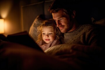 Father and daughter reading together in cozy bedroom during bedtime