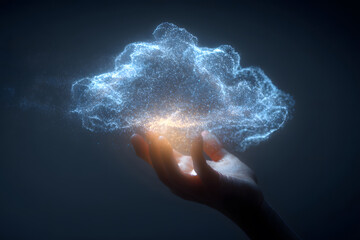 Floating digital cloud of stars and particles above an outstretched hand in a dark environment