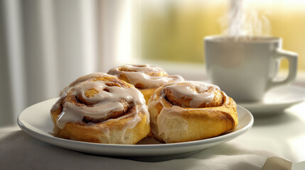 Three freshly baked cinnamon rolls topped with creamy icing on a white plate next to a steaming cup of coffee in a cozy morning setting
