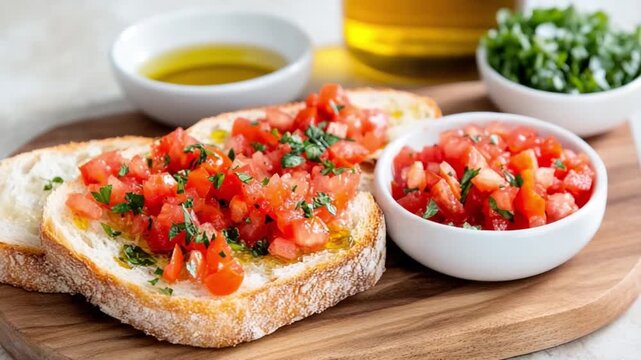 Bruschetta Delight: An appetizing close-up of bruschetta, showcasing toasted bread slices adorned with a vibrant mix of diced tomatoes, herbs, and a drizzle of olive oil.