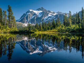 Majestic snow-capped mountain ranges mirrored in a serene lake surrounded by lush evergreen forests under a clear blue sky on a bright sunny day