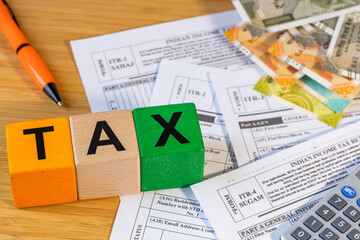 Indian taxes. Income tax return. Financial concept. The national India colors and the word TAX on wooden blocks. ITR forms, money, and a calculator. Closeup. Flat lay. Business background