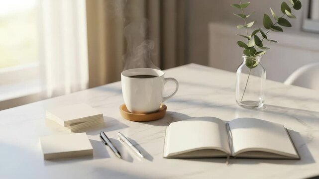 Serene morning workspace with steaming coffee cup open notebook pens and eucalyptus sprig on marble desk