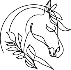 Minimalistic horse with botanical elements. Continuous line art ideal for prints, stickers, logos, tattoo designs, branding, and modern decorative projects.