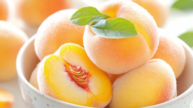 Sweet Nectarines in Bowl: A close-up view unveils a bounty of ripe nectarines, their velvety skins blushing with golden hues and vibrant green leaves, nestled in a pristine bowl.