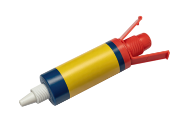 A colorful caulk gun cartridge with yellow, blue, and red segments, featuring a white dispensing nozzle and a red plunger mechanism. background removed