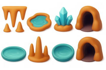 Cavern icon set with stalactites, crystals, and water features for digital design