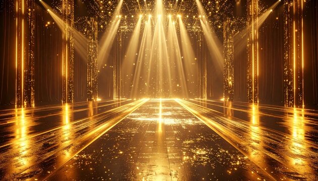 Stage opening golden stage glitter with spotlights and luxury gold light streak. Particle luxury for ceremony background	
