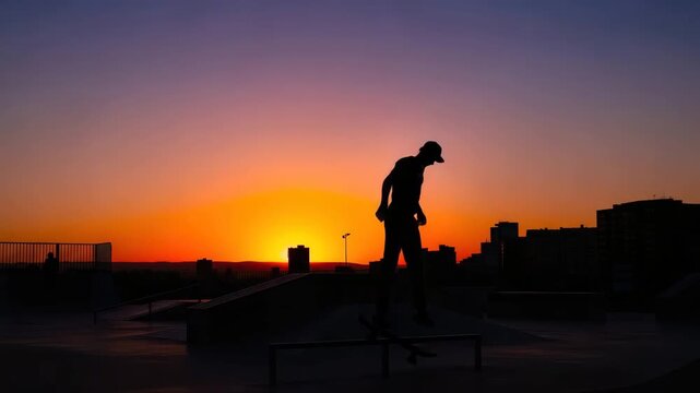 Silhouette skateboarder performs aerial trick at sunset in urban skatepark with vibrant orange purple sky