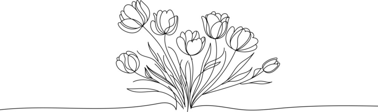 Minimalist continuous line drawing of tulip flowers in black. Flowers bouquet line art