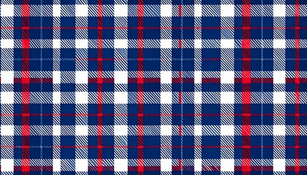 Striped checkered pattern in blue, red, and white for use in clothing, throws, and modern textile designs