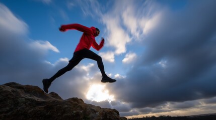 Trail runner in red jacket leaps over rocky terrain, showcasing dynamic movement against a dramatic sky, capturing the essence of adventure and athleticism in nature