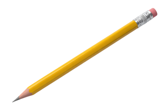 A sharp yellow wooden pencil with a pink eraser, ready for writing or drawing, isolated on a solid transparent background. background removed - Powered by Adobe