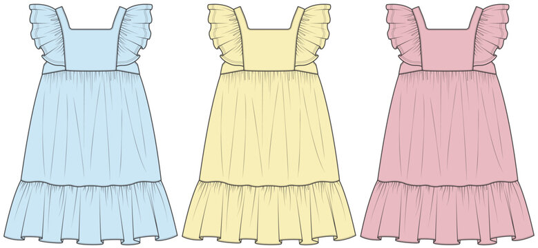 girls ruffle sleeve dress flat sketch vector illustration technical cad drawing template