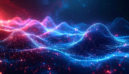 Abstract digital network of glowing blue and red nodes and lines creating a futuristic wave pattern