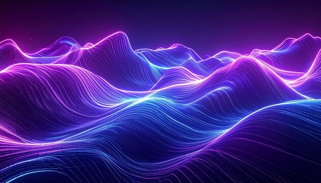 Abstract digital wave pattern with glowing neon purple and blue light trails on a dark background