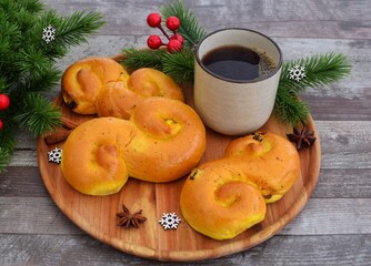 Saffron buns.  Traditional Swedish pastries.Christmas in Sweden.