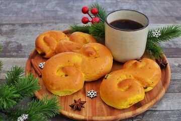 Saffron buns.  Traditional Swedish pastries.Christmas in Sweden.