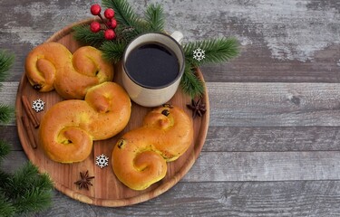 Saffron buns.  Traditional Swedish pastries.Christmas in Sweden.