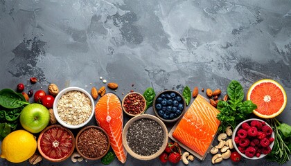 Assortment of antioxidant, rich, vitamin, packed health foods displayed on a neutral gray surface promoting age, defying diet ideas with room for copy