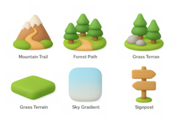 Cartoon nature icons collection featuring mountain trail, forest path, and signpost elements for design