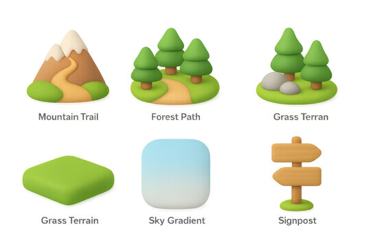 Cartoon nature icons collection featuring mountain trail, forest path, and signpost elements for design
