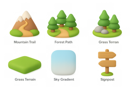 Cartoon nature icons collection featuring mountain trail, forest path, and signpost elements for design - Powered by Adobe