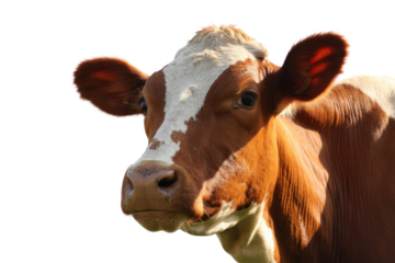 A close-up portrait of a brown and white cow, featuring its head, face, and ear tag, set against a transparent transparent background. background removed