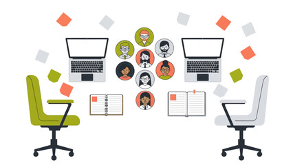 Office workspace collaboration with diverse team and laptops on minimalist desk