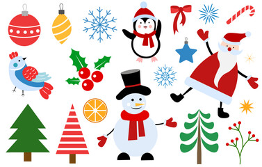 Set of Christmas illustrations on a white background. Snowman, Santa, Penguin, Holly, Christmas Tree, Bird