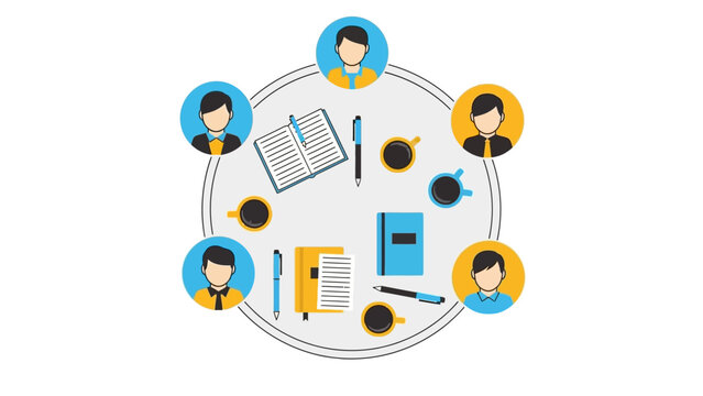 Team meeting concept with business icons and people avatars in flat design