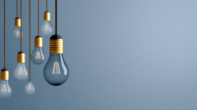 A row of vintage-style hanging incandescent light bulbs with gold accents against a smooth muted blue background for creative concepts and interior design ideas