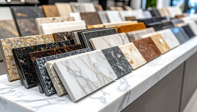 Collection of natural stone samples including granite, marble, and quartz for kitchen counters showcased on a white marble base inside a stone countertop store