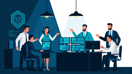 Team collaboration in modern office with data visualization and digital interface