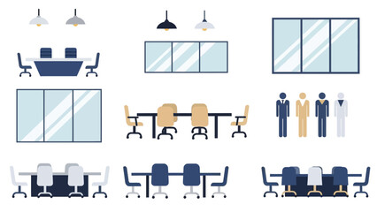 Modern office elements with flat design: furniture, lighting, and workspaces