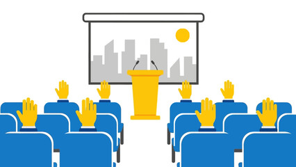 Conference presentation with engaged audience and raised hands in flat design