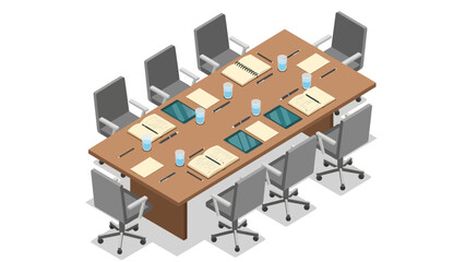 Isometric office conference table ready for meeting with open laptops and books