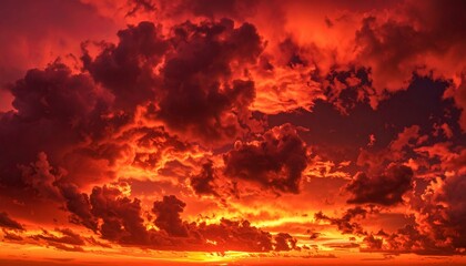 Fototapeta premium Dramatic crimson sky filled with dark clouds and flames, disaster, battle, blast, and fire theme, terrifying atmosphere, banner for web with wide red backdrop and design area, panoramic view