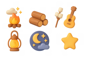 Cozy campfire cartoon icons: nighttime adventure elements for creative design