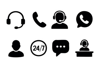 Simple customer service and communication icons &mdash; headset, phone, and chat &mdash; stock vector.