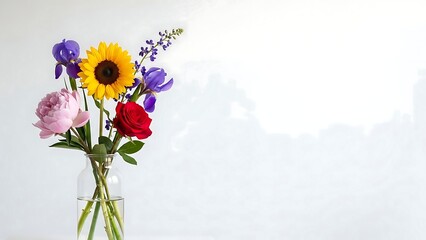 Vibrant mixed flower bouquet in glass vase on white background