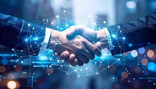 Digital partnership handshake with technology integration for business success and future collaboration growth