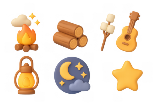 Cozy campfire cartoon icons: nighttime adventure elements for creative design