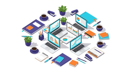Isometric office workspace with laptops and stationery in circular arrangement