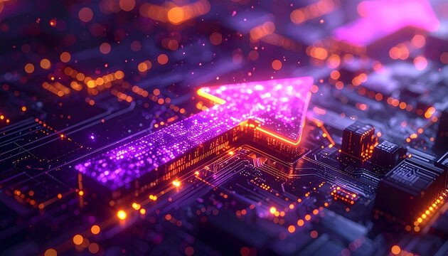 Glowing arrow on digital circuit board with purple and orange light effects, close, up macro photography showing technology advancement and digital transformation