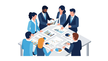 Diverse team analyzing business reports in isometric style