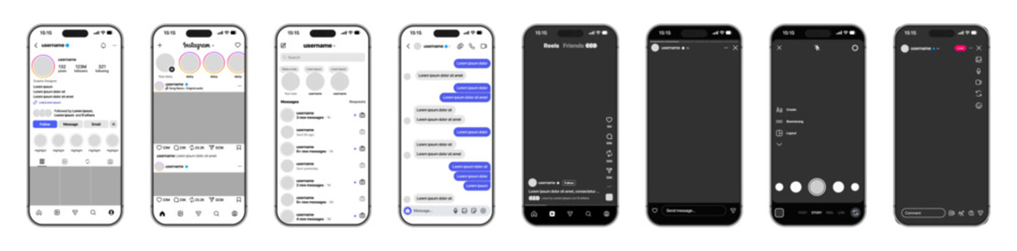 Instagram new post reels story layout with likes comments saves shares live stream alerts and direct messenger tools in a clean updated interface vector illustration