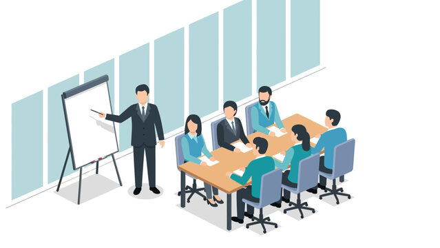 Isometric business meeting scene with presenters and attendees in office setting