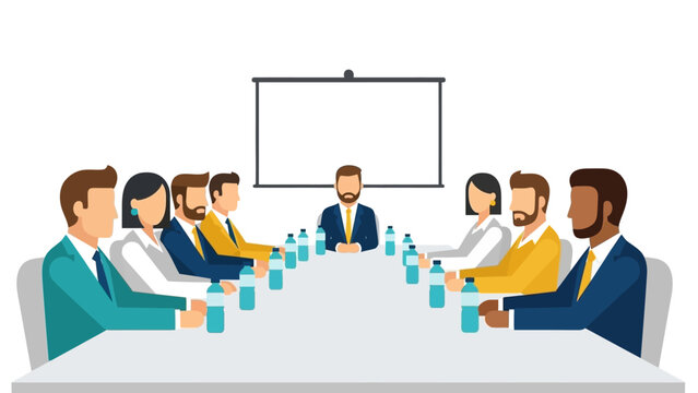 Business meeting in modern flat style with diverse professionals at conference table - Powered by Adobe