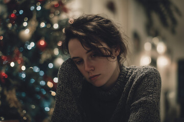 Jeune femme aux cheveux roux assise dans un salon d&eacute;cor&eacute; pour no&euml;l, regard triste et air m&eacute;lancolique devant le sapin illumin&eacute;, solitude et d&eacute;pression ressenties pendant les f&ecirc;tes de fin d&rsquo;ann&eacute;e